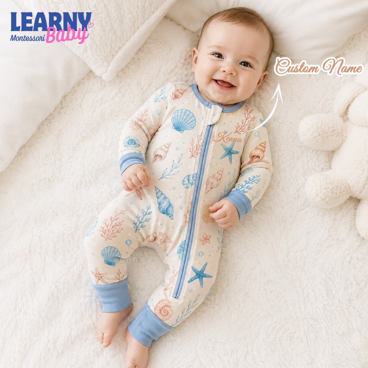 Ocean Seashell Bamboo Baby Convertible Zippy, Coastal Bamboo Baby Pajamas, Newborn Bamboo Sleeper, Bamboo Baby Clothing