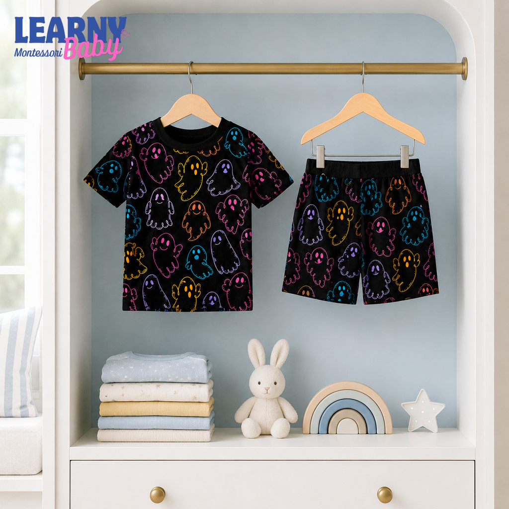 Colorful Ghost Halloween Long-Sleeve Bamboo Pajama Set for Kids