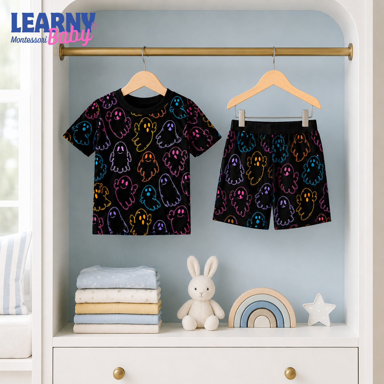 Colorful Ghost Halloween Long-Sleeve Bamboo Pajama Set for Kids