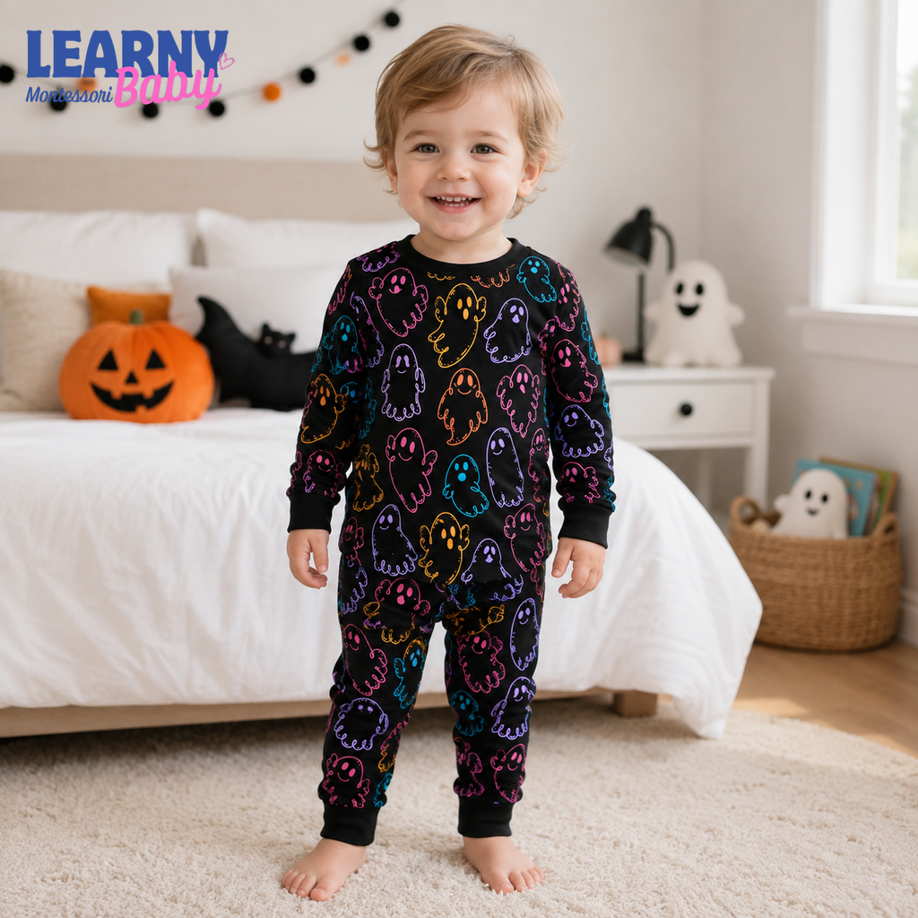 Colorful Ghost Halloween Long-Sleeve Bamboo Pajama Set for Kids