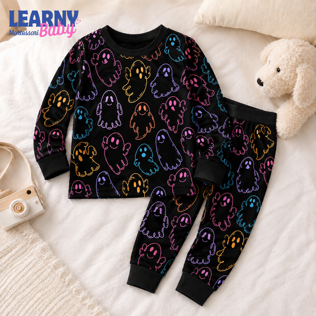 Colorful Ghost Halloween Long-Sleeve Bamboo Pajama Set for Kids
