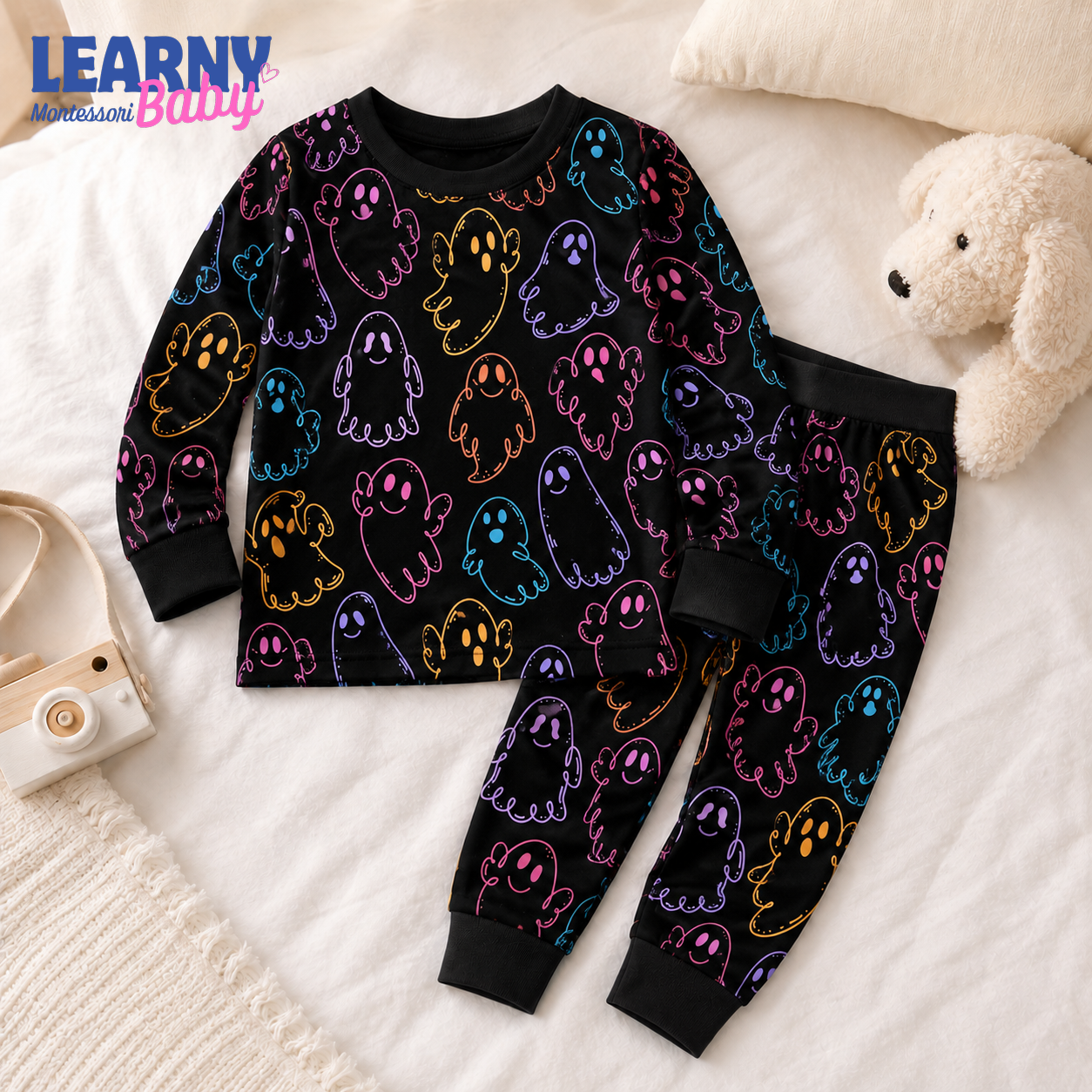 Colorful Ghost Halloween Long-Sleeve Bamboo Pajama Set for Kids