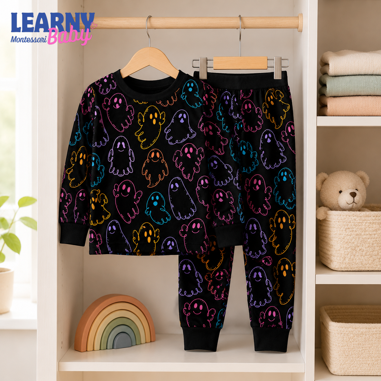 Colorful Ghost Halloween Long-Sleeve Bamboo Pajama Set for Kids