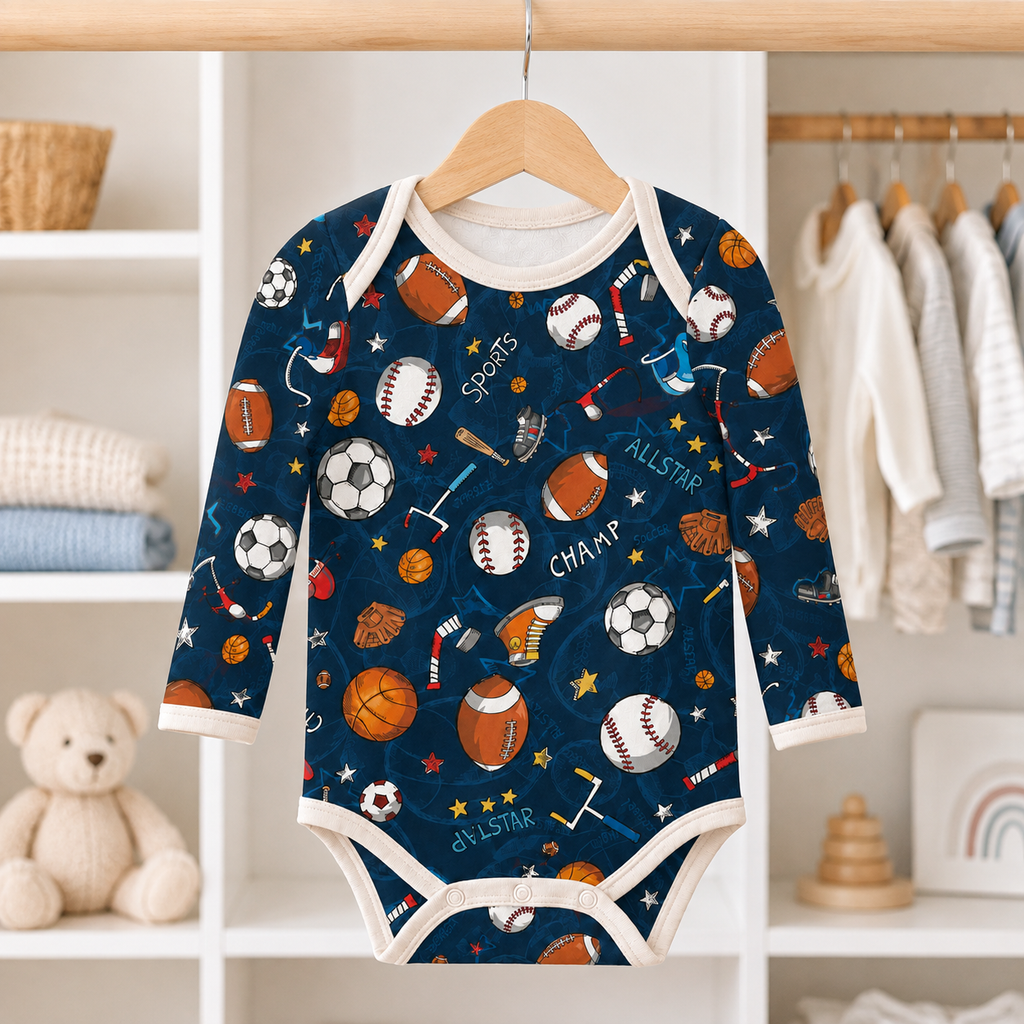 Sports Baby Bodysuit – Bamboo Baby Onesie, Unisex Athletic Sports Print Bodysuit