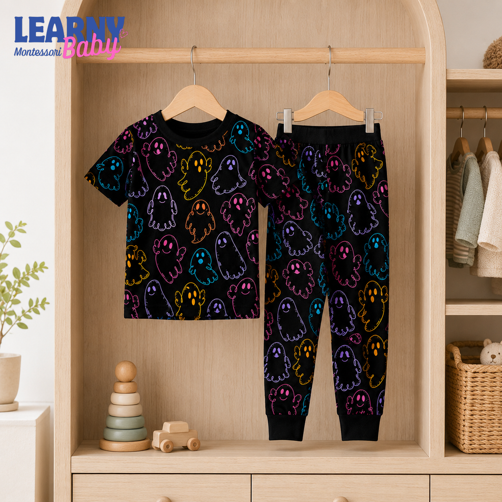 Colorful Ghost Halloween Long-Sleeve Bamboo Pajama Set for Kids