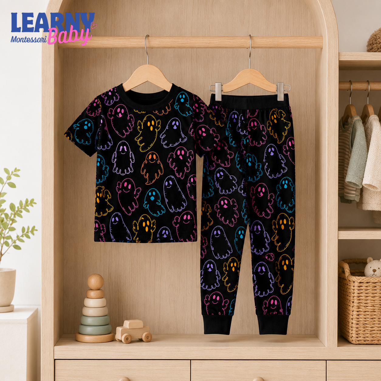 Colorful Ghost Halloween Long-Sleeve Bamboo Pajama Set for Kids