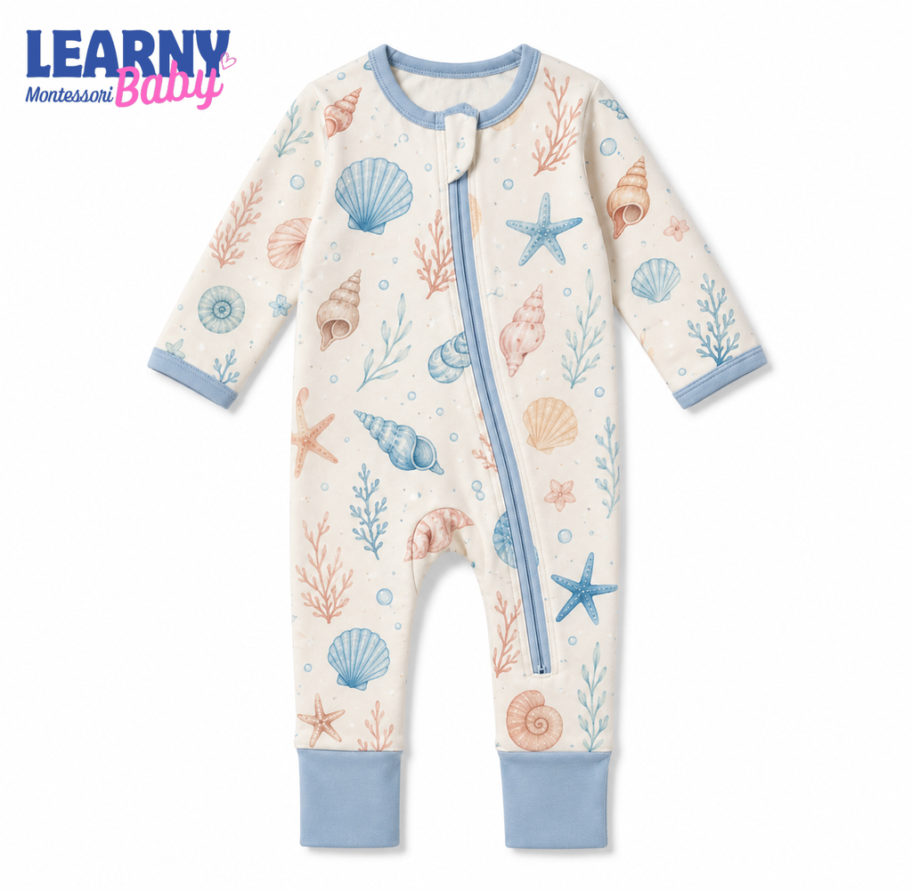 Ocean Seashell Baby Convertible Zippy Pajamas, Coastal Baby Sleeper, Newborn Pajamas, Baby Sleepwear
