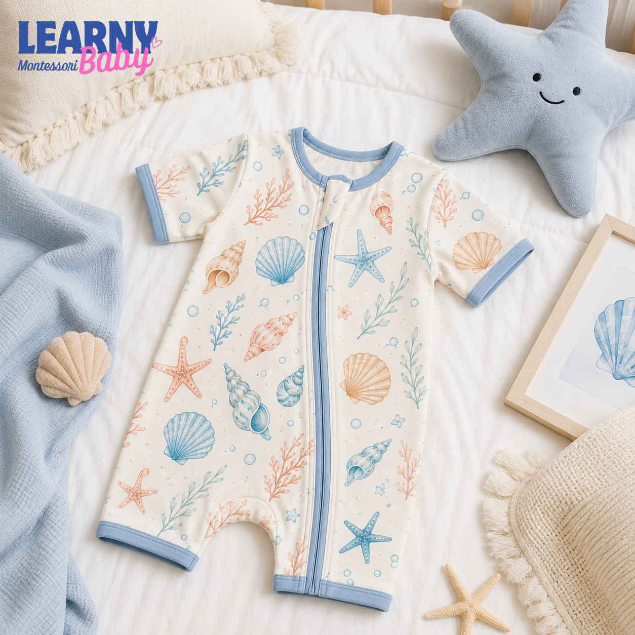 Ocean Seashell Baby Convertible Zippy Pajamas, Coastal Baby Sleeper, Newborn Pajamas, Baby Sleepwear