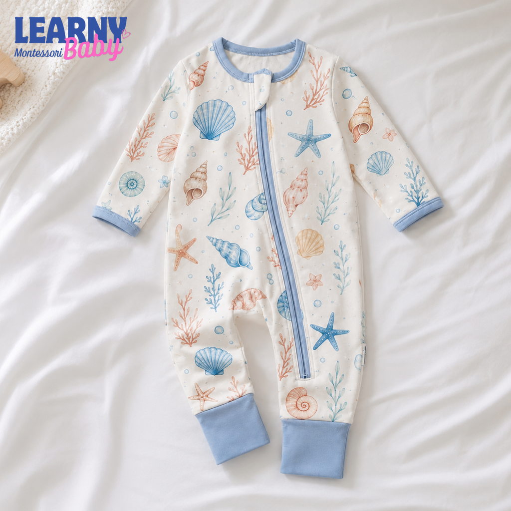 Ocean Seashell Baby Convertible Zippy Pajamas, Coastal Baby Sleeper, Newborn Pajamas, Baby Sleepwear