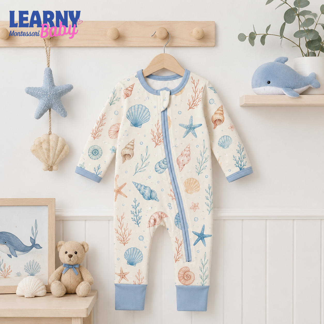 Ocean Seashell Baby Convertible Zippy Pajamas, Coastal Baby Sleeper, Newborn Pajamas, Baby Sleepwear