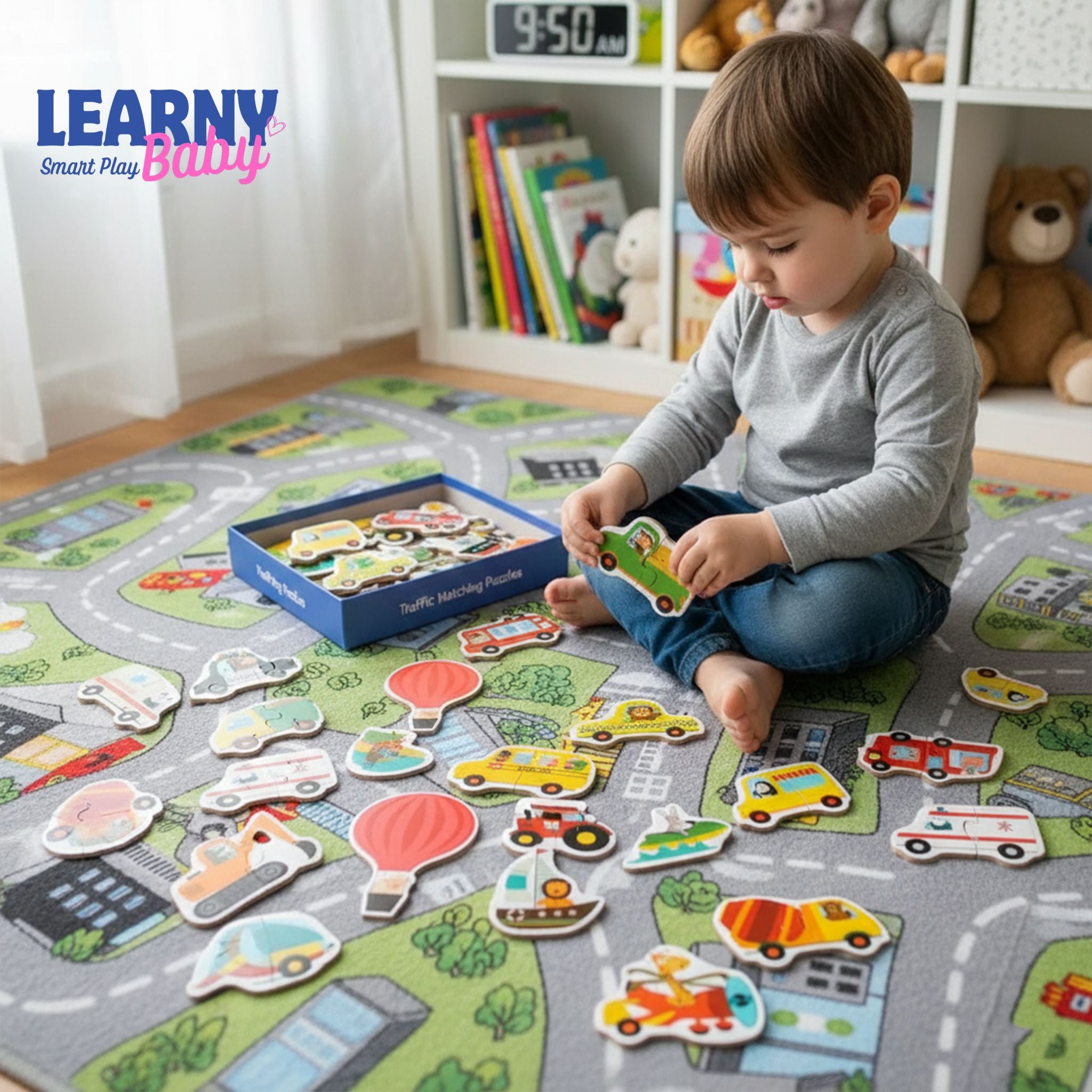 Kids Wooden Jigsaw Matching Puzzle, Early Cognitive Learning Toy with Animals, Fruits & Traffic, Ages 1.5–4