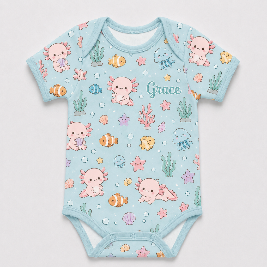 Personalized Axolotl Bamboo Baby Bodysuit – Cute Under the Sea Infant Onesie
