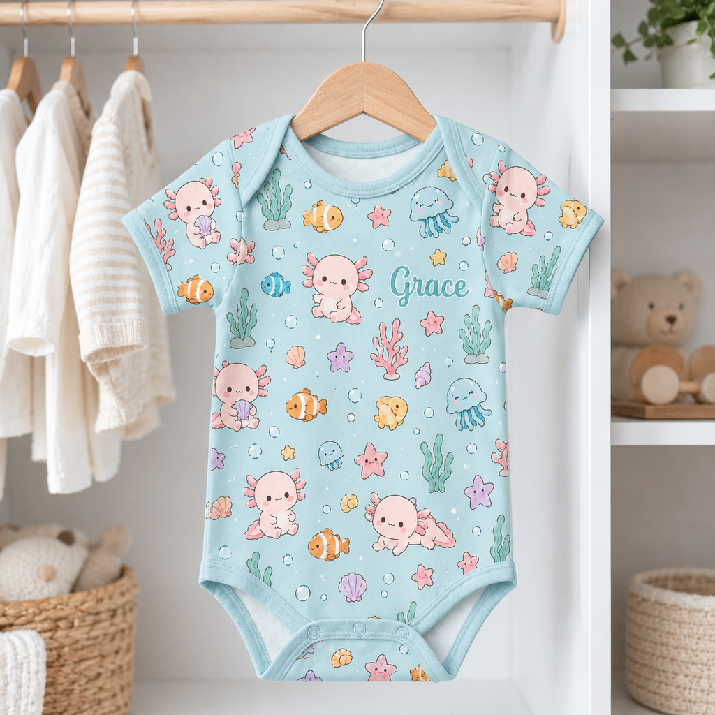 Personalized Axolotl Bamboo Baby Bodysuit – Cute Under the Sea Infant Onesie
