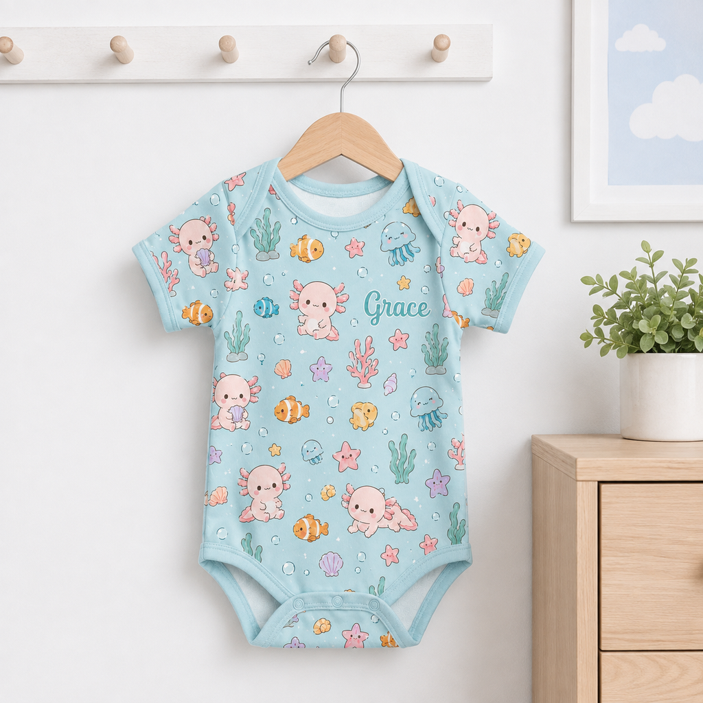 Personalized Axolotl Bamboo Baby Bodysuit – Cute Under the Sea Infant Onesie