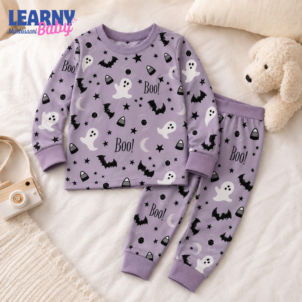 Spooky Boo Ghost Halloween Long-Sleeve Bamboo Pajama Set for Kids