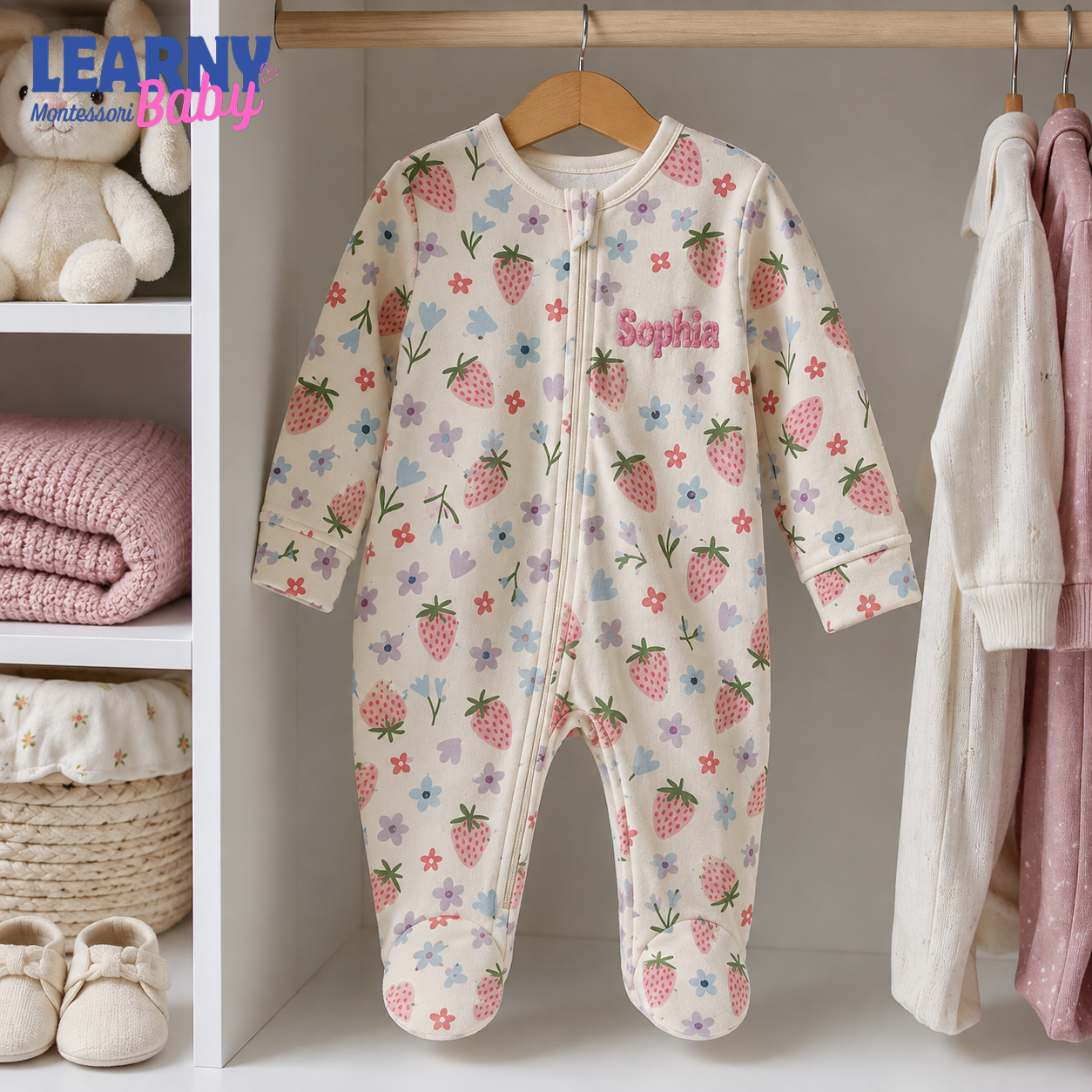 Personalized Strawberry Floral Bamboo Footie Zippy, Custom Name Baby Girl Sleeper, Newborn Gift