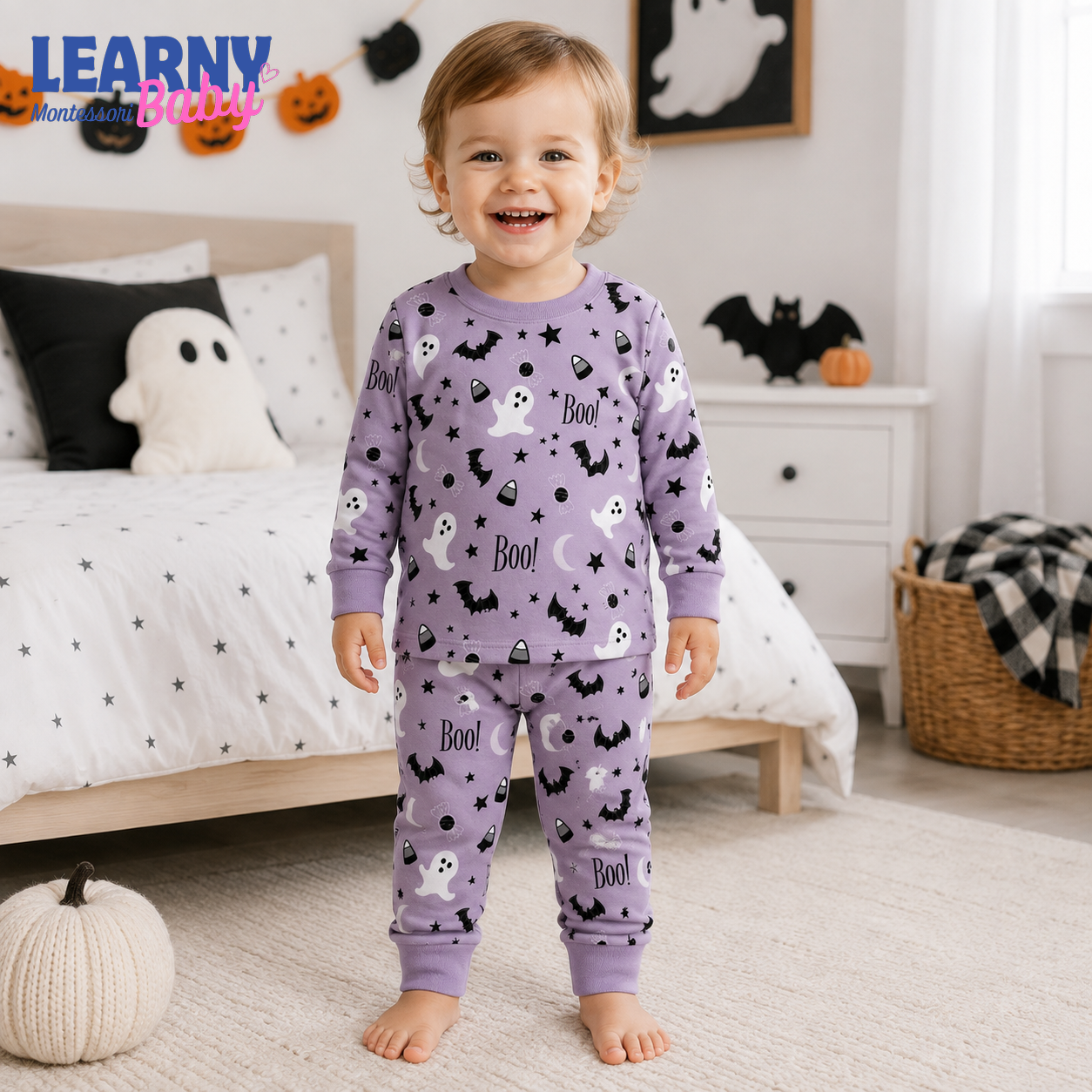Spooky Boo Ghost Halloween Long-Sleeve Bamboo Pajama Set for Kids