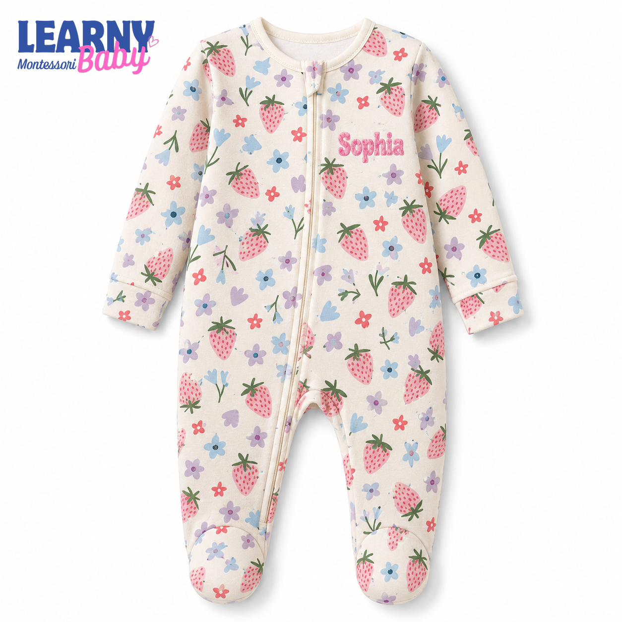 Personalized Strawberry Floral Bamboo Footie Zippy, Custom Name Baby Girl Sleeper, Newborn Gift