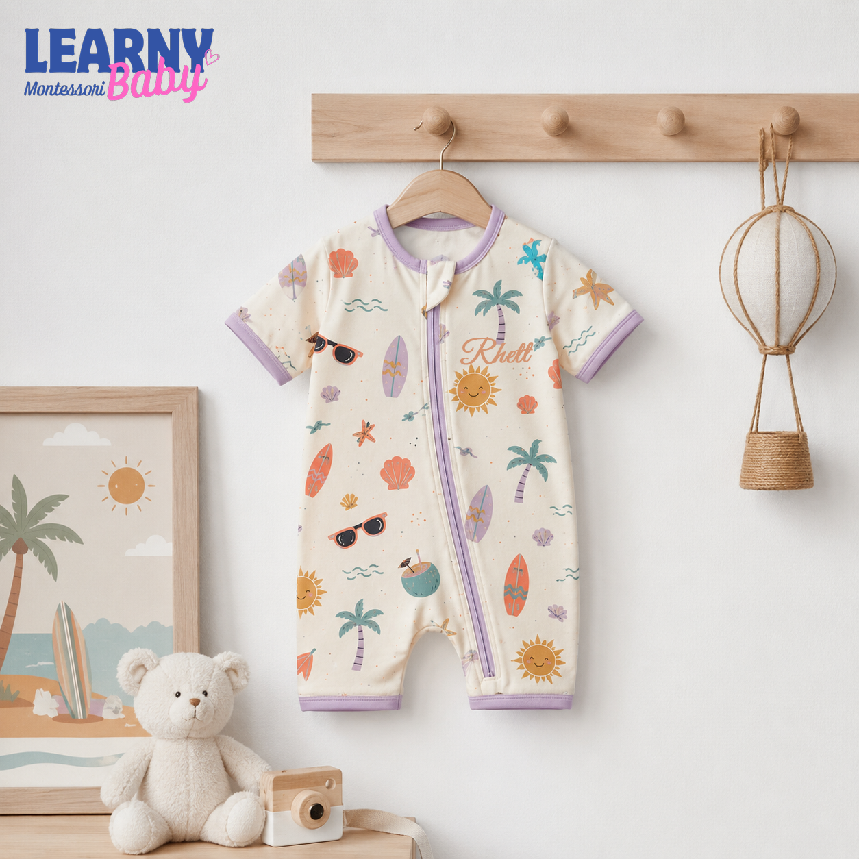 Summer Surf & Sunshine Bamboo Baby Convertible Zippy, Beach Bamboo Baby Pajamas, Summer Newborn Bamboo Sleeper