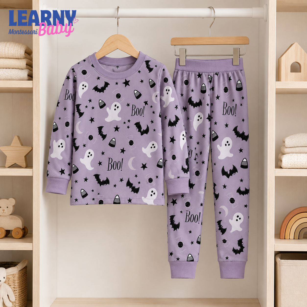Spooky Boo Ghost Halloween Long-Sleeve Bamboo Pajama Set for Kids