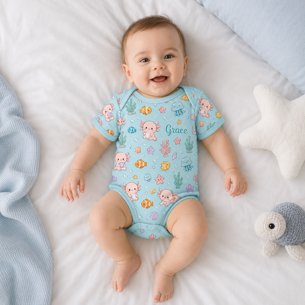 Personalized Axolotl Bamboo Baby Bodysuit – Cute Under the Sea Infant Onesie