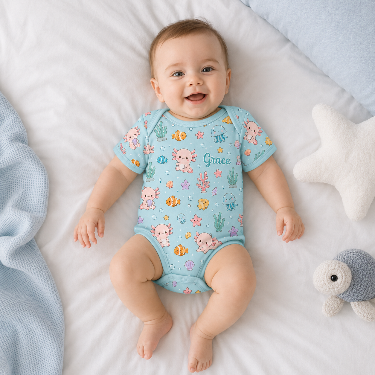 Personalized Axolotl Bamboo Baby Bodysuit – Cute Under the Sea Infant Onesie