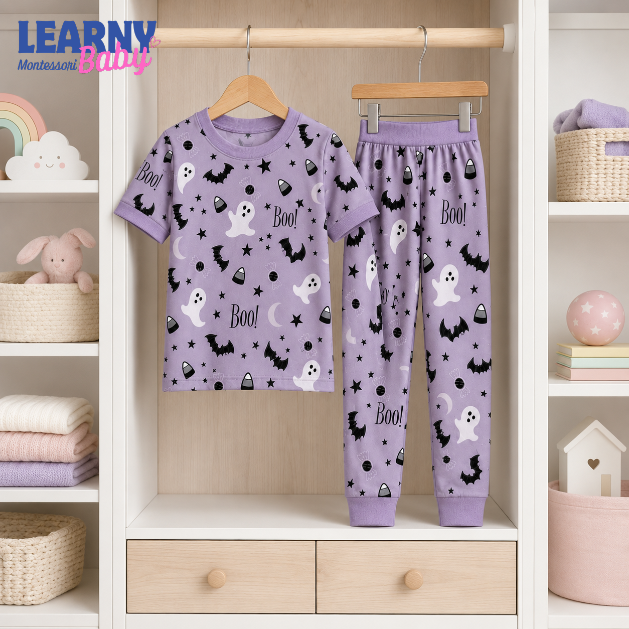 Spooky Boo Ghost Halloween Long-Sleeve Bamboo Pajama Set for Kids