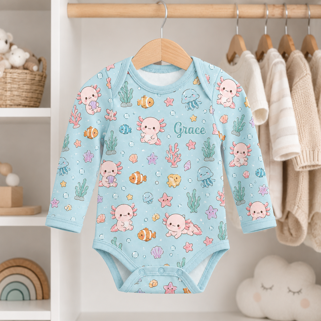 Personalized Axolotl Bamboo Baby Bodysuit – Cute Under the Sea Infant Onesie