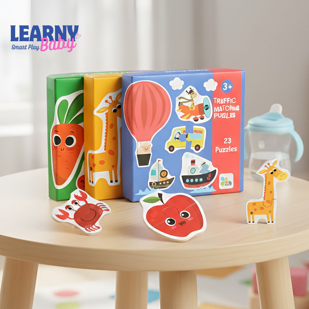 Kids Wooden Jigsaw Matching Puzzle, Early Cognitive Learning Toy with Animals, Fruits & Traffic, Ages 1.5–4