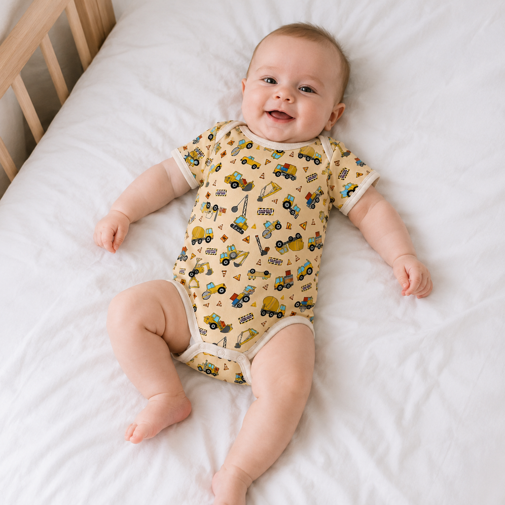 Construction Vehicles Bamboo Baby Bodysuit – Truck and Digger Infant Onesie