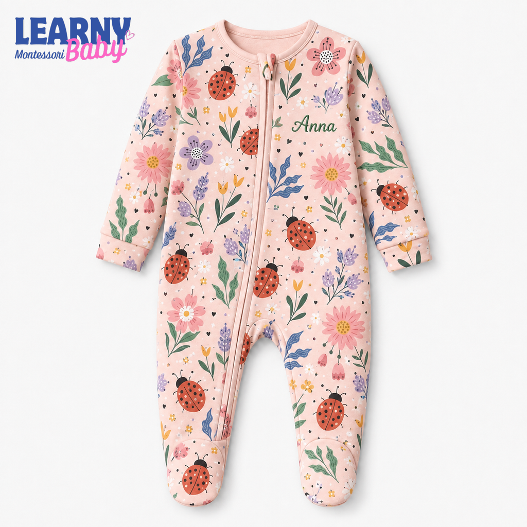 Personalized Ladybug Floral Bamboo Footie Zippy, Custom Name Baby Girl Pajamas, Newborn Outfit
