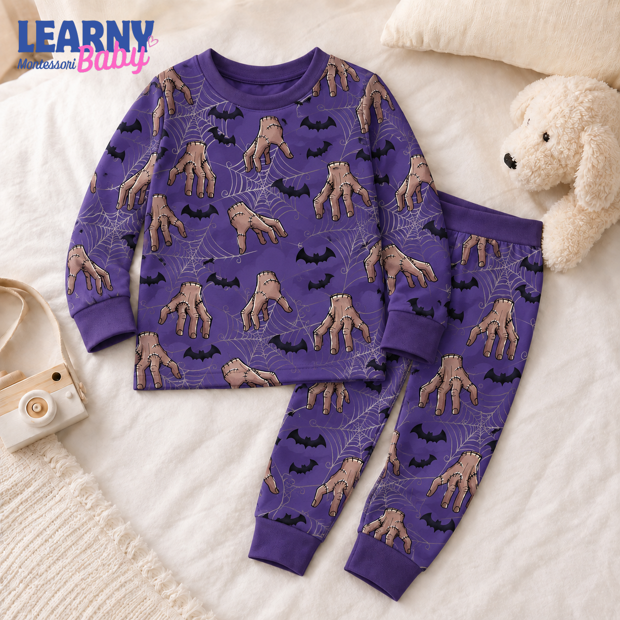 Creepy Hand & Bat Halloween Long-Sleeve Bamboo Pajama Set for Kids