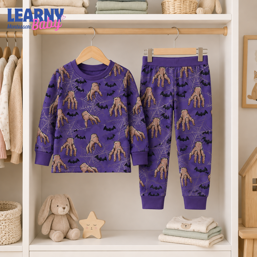 Creepy Hand & Bat Halloween Long-Sleeve Bamboo Pajama Set for Kids