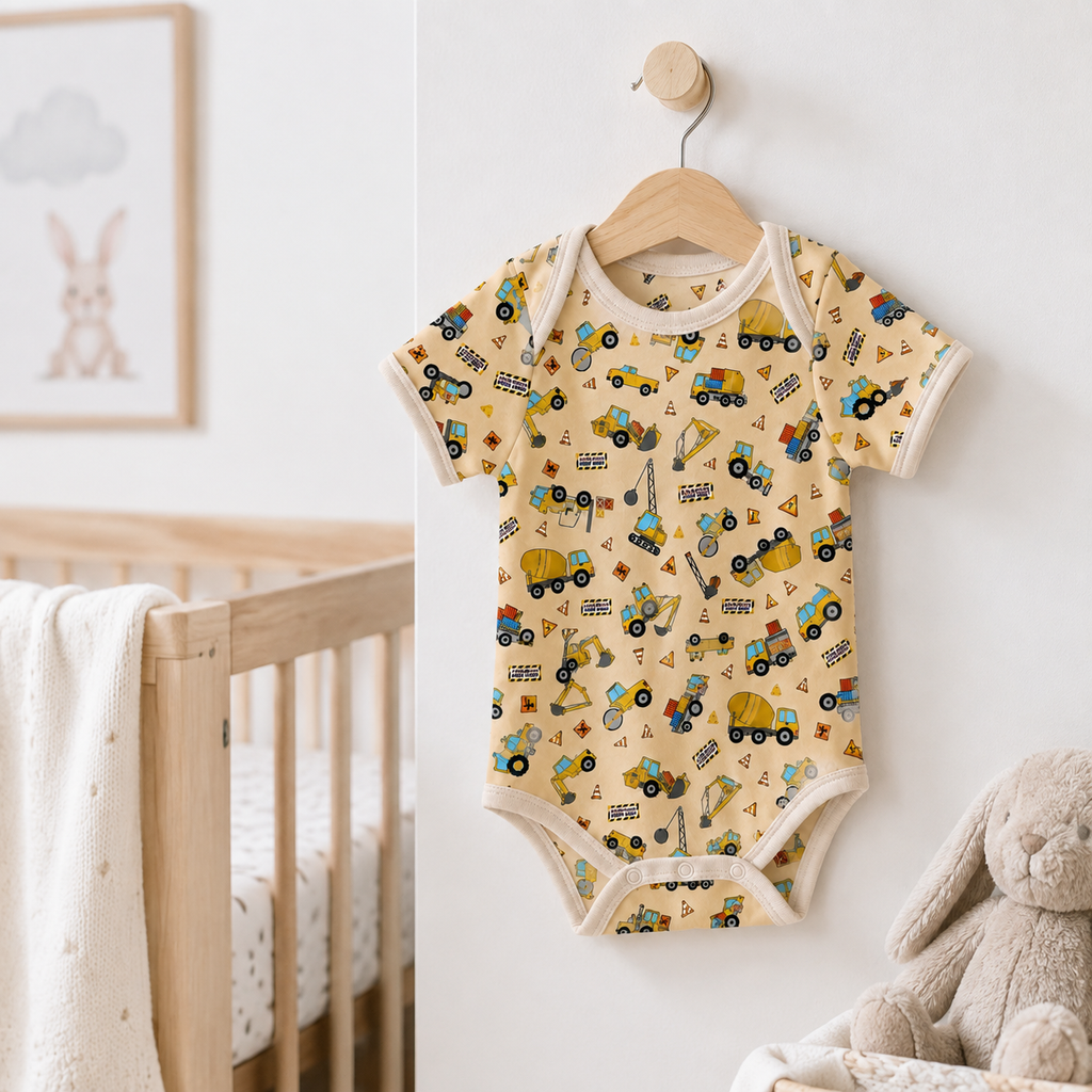 Construction Vehicles Bamboo Baby Bodysuit – Truck and Digger Infant Onesie