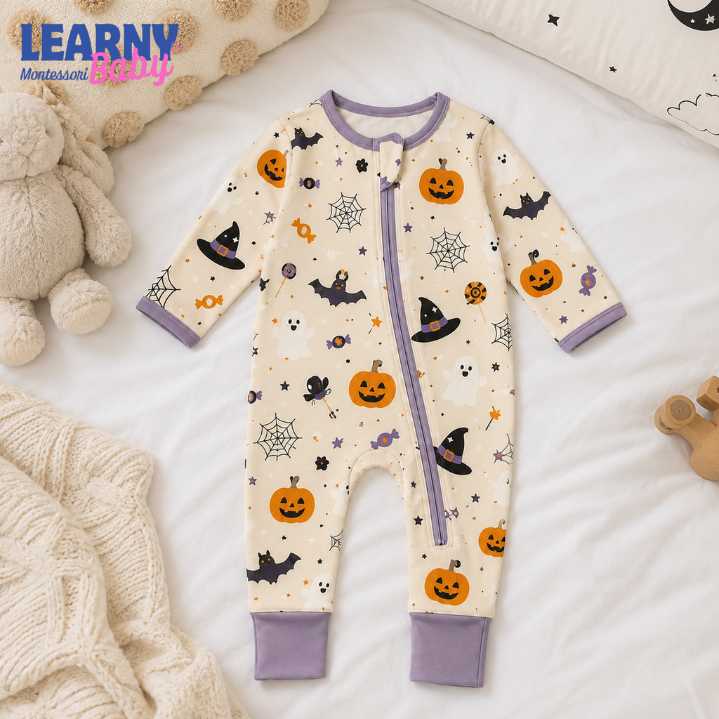Halloween Pumpkin and Ghost Baby Convertible Zippy Pajamas, Halloween Baby Sleeper, Spooky Newborn Pajamas, Toddler Sleepwear