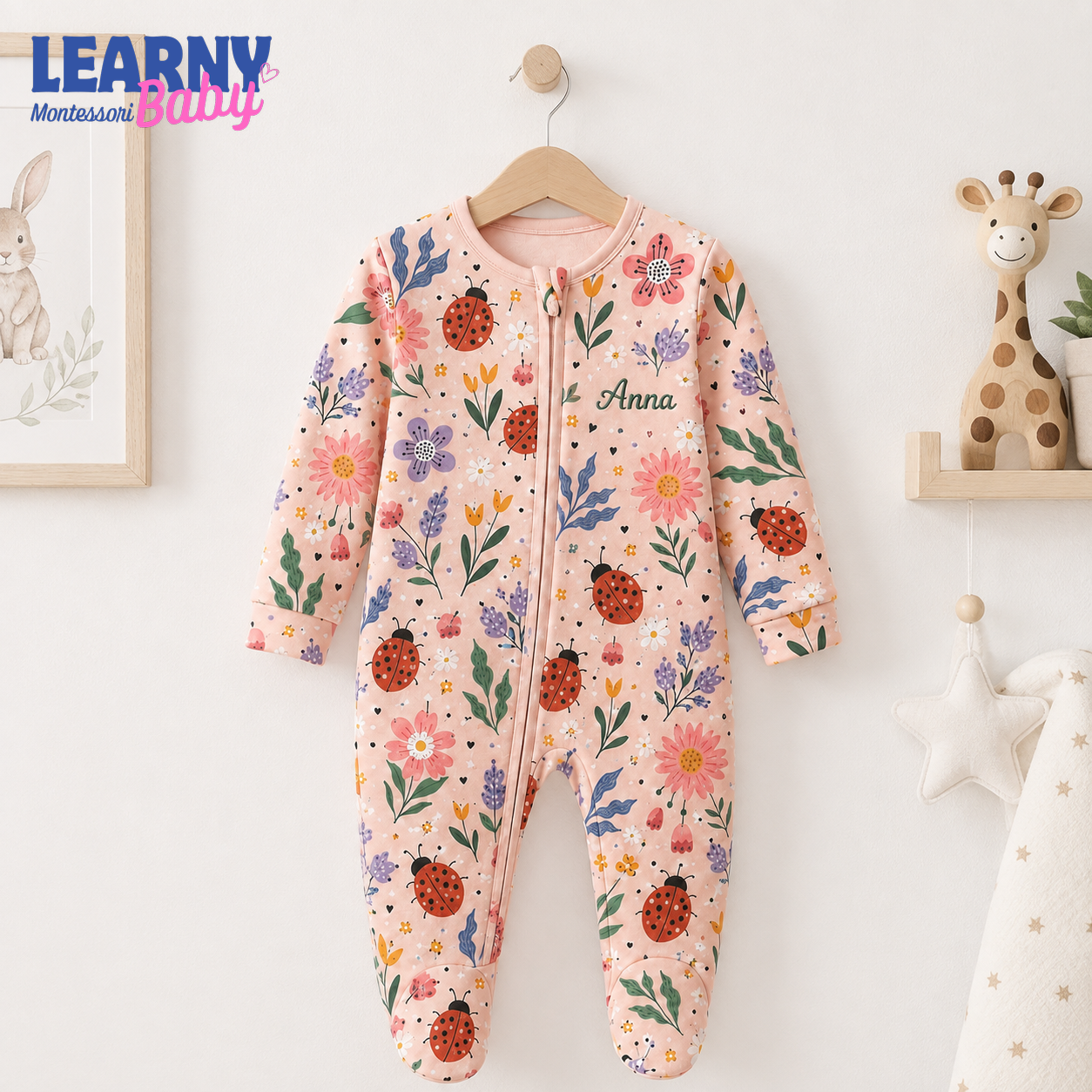 Personalized Ladybug Floral Bamboo Footie Zippy, Custom Name Baby Girl Pajamas, Newborn Outfit