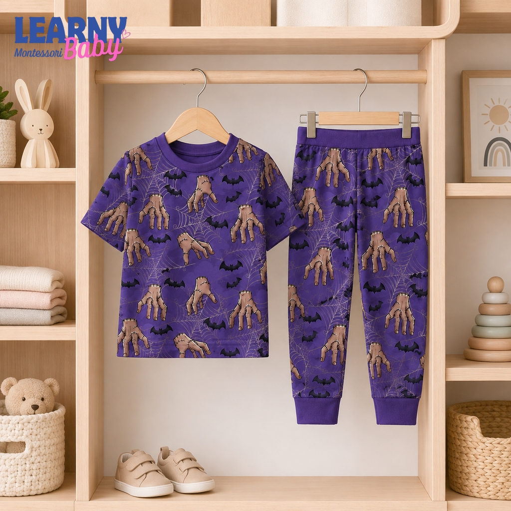 Creepy Hand & Bat Halloween Long-Sleeve Bamboo Pajama Set for Kids