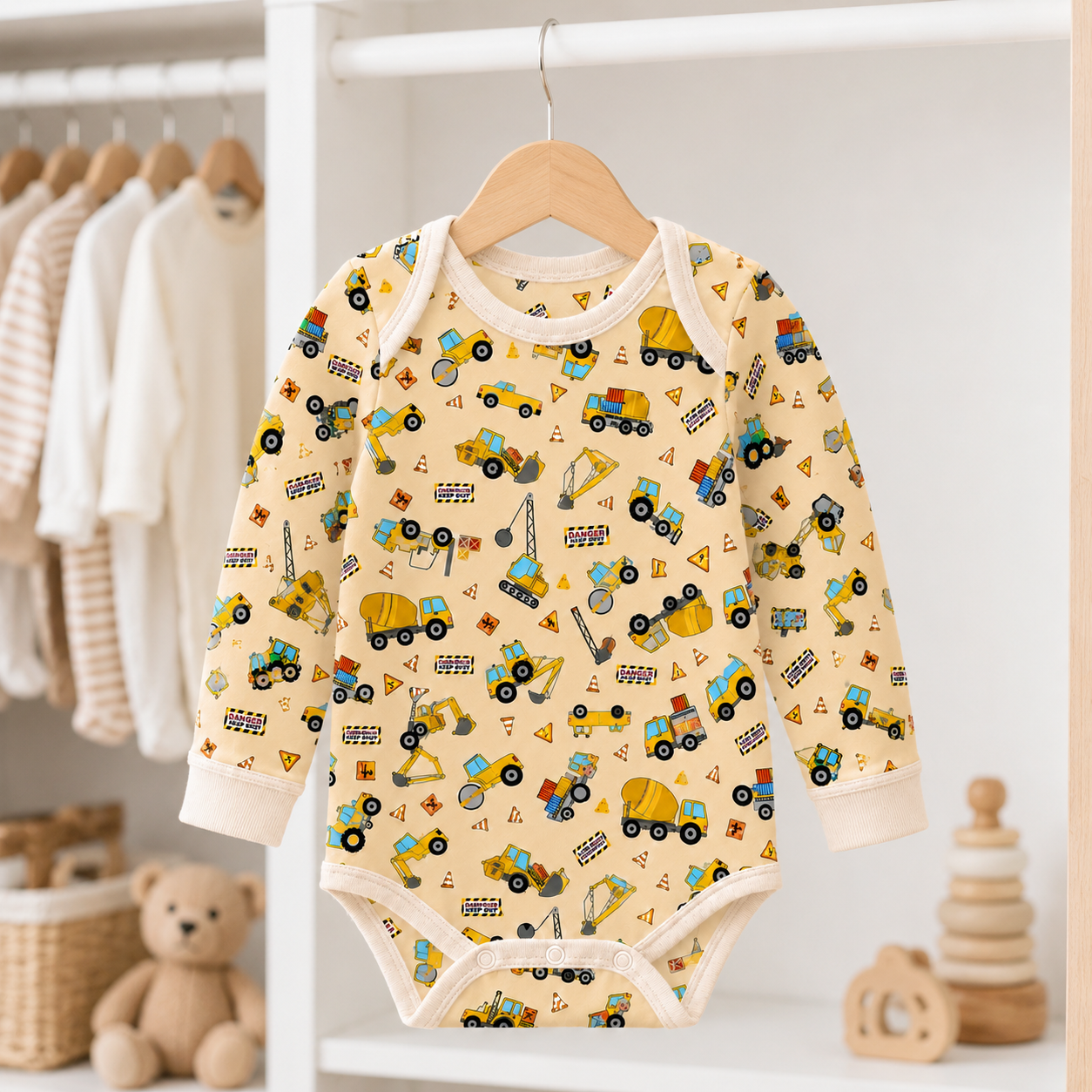 Construction Vehicles Bamboo Baby Bodysuit – Truck and Digger Infant Onesie