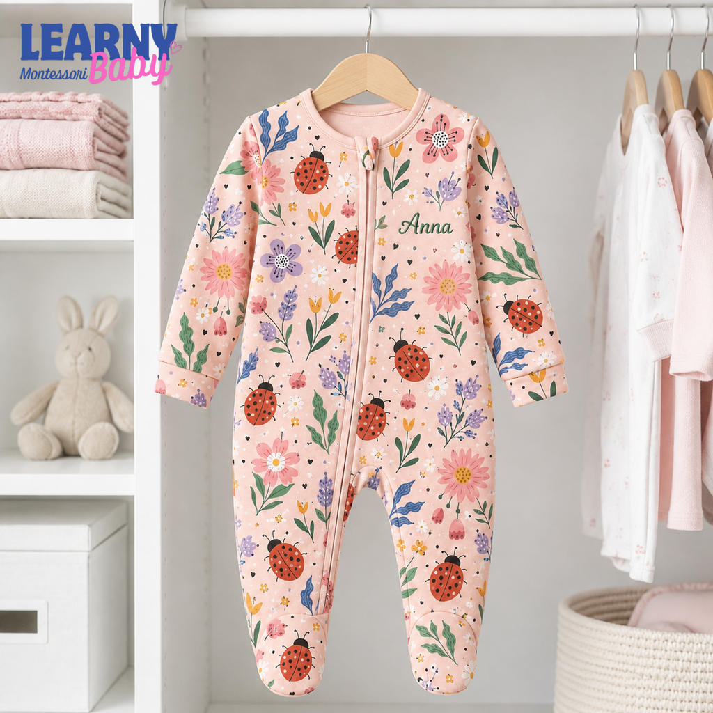 Personalized Ladybug Floral Bamboo Footie Zippy, Custom Name Baby Girl Pajamas, Newborn Outfit