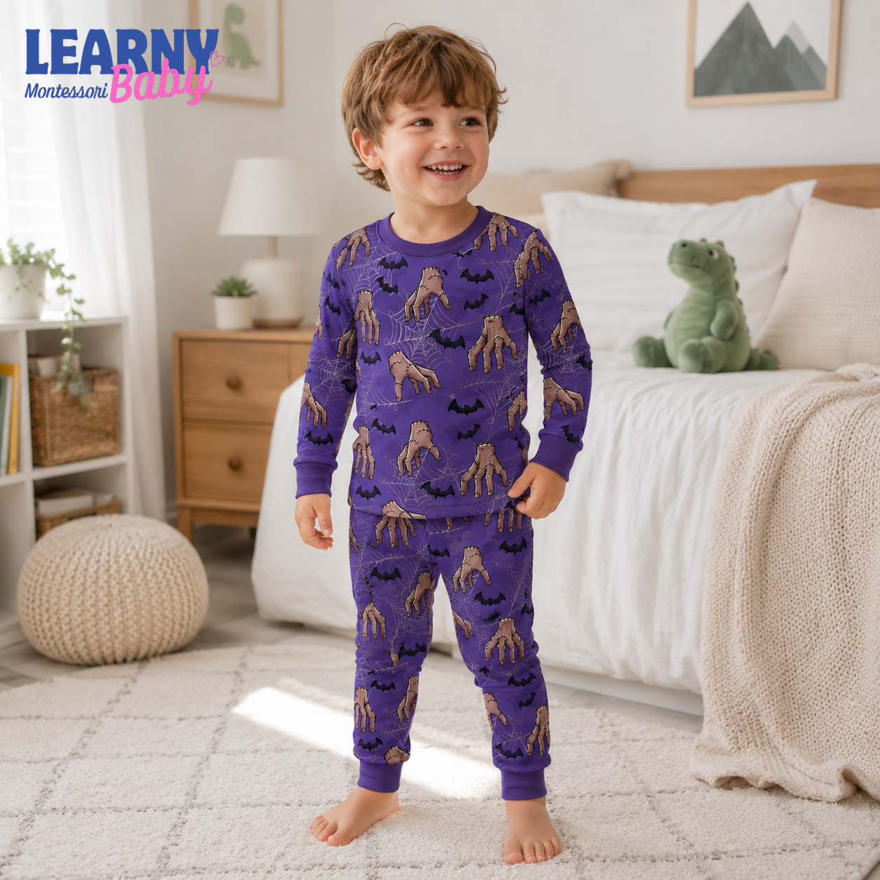 Creepy Hand & Bat Halloween Long-Sleeve Bamboo Pajama Set for Kids