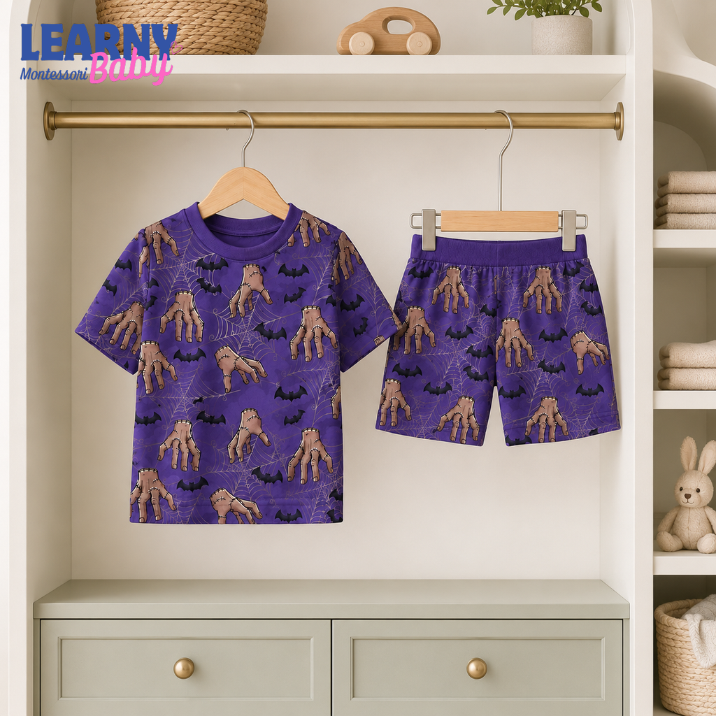 Creepy Hand & Bat Halloween Long-Sleeve Bamboo Pajama Set for Kids