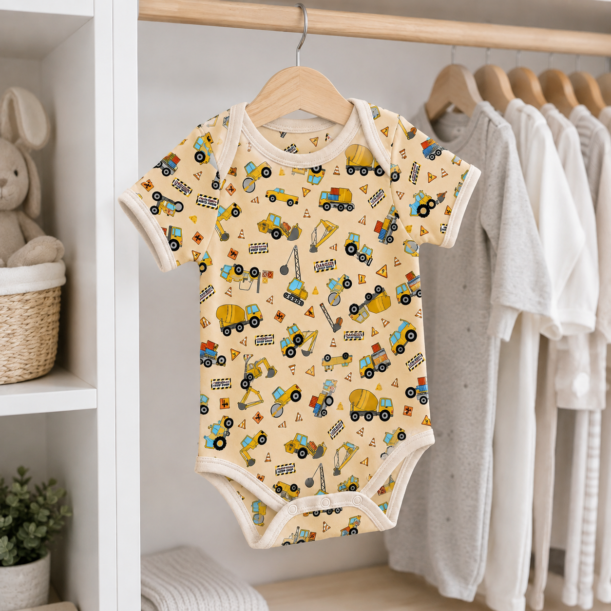 Construction Vehicles Bamboo Baby Bodysuit – Truck and Digger Infant Onesie