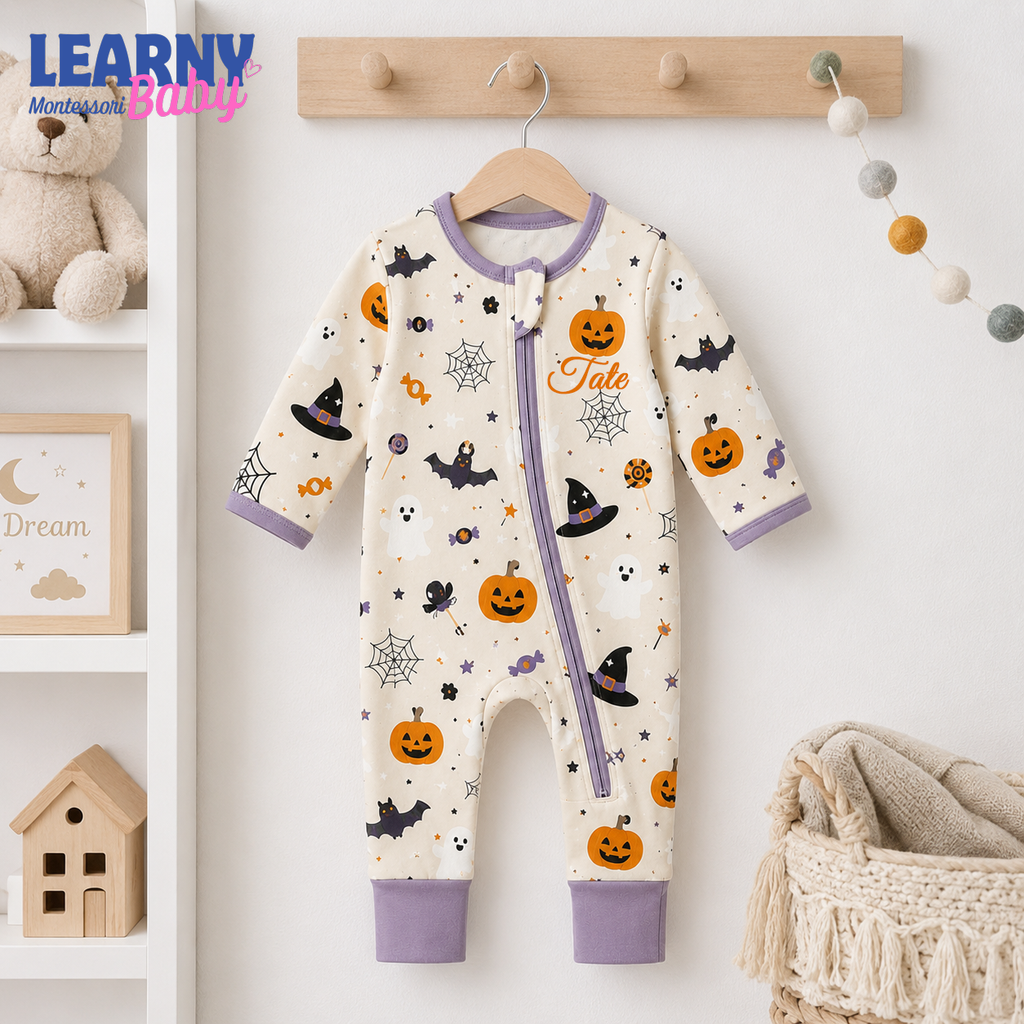 Halloween Pumpkin & Ghost Bamboo Baby Convertible Zippy, Spooky Bamboo Baby Pajamas, Newborn Bamboo Sleeper