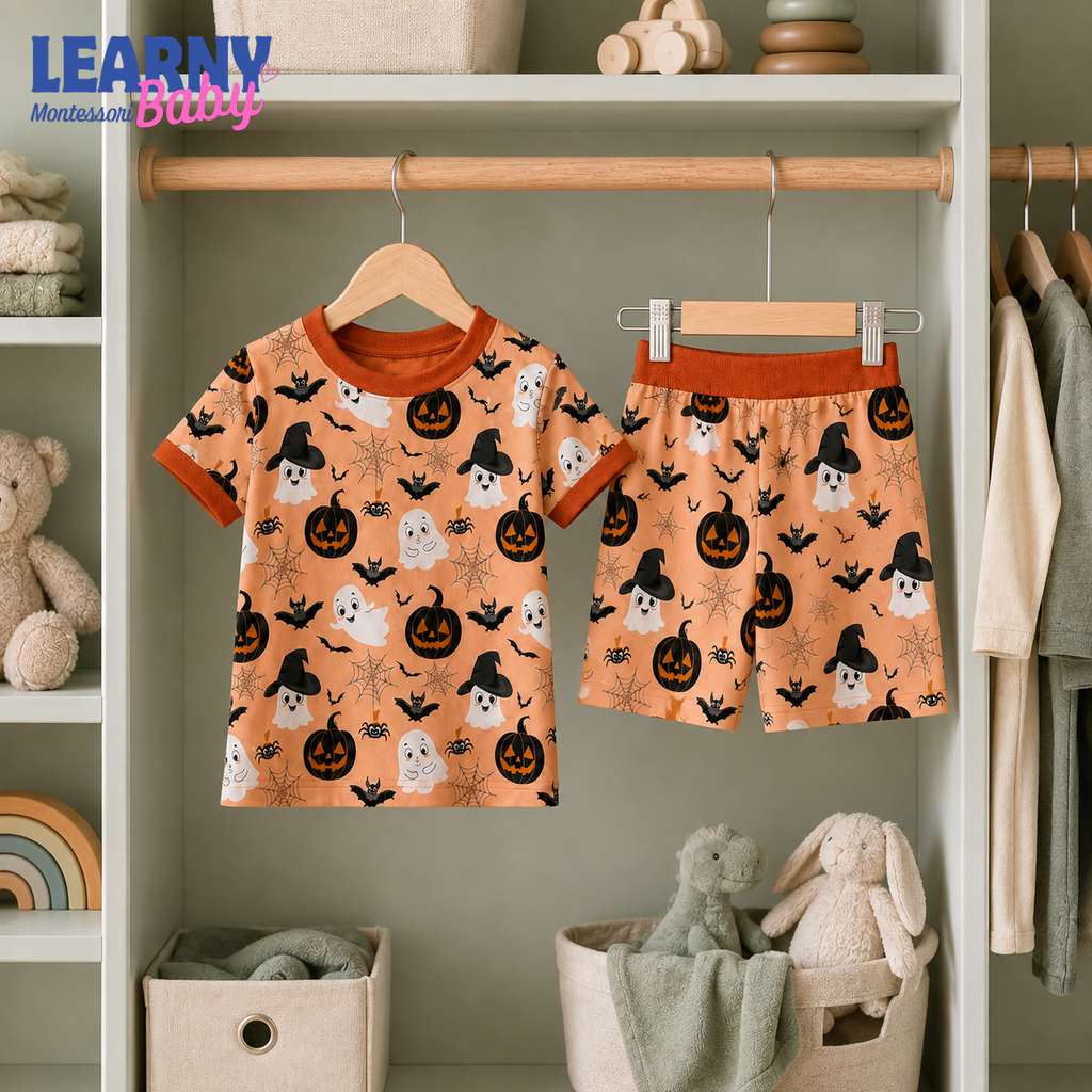 Cute Ghost & Pumpkin Halloween Long-Sleeve Bamboo Pajama Set for Kids