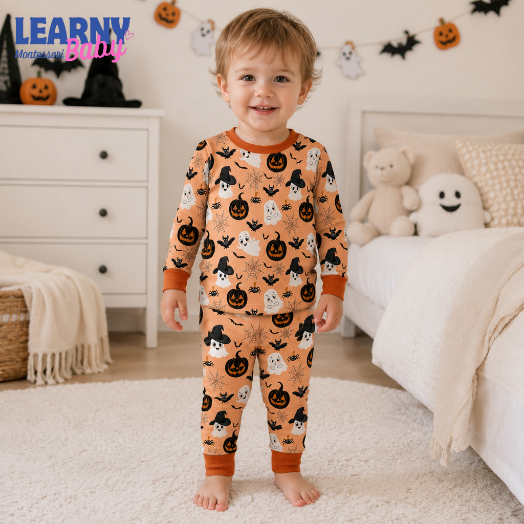 Cute Ghost & Pumpkin Halloween Long-Sleeve Bamboo Pajama Set for Kids