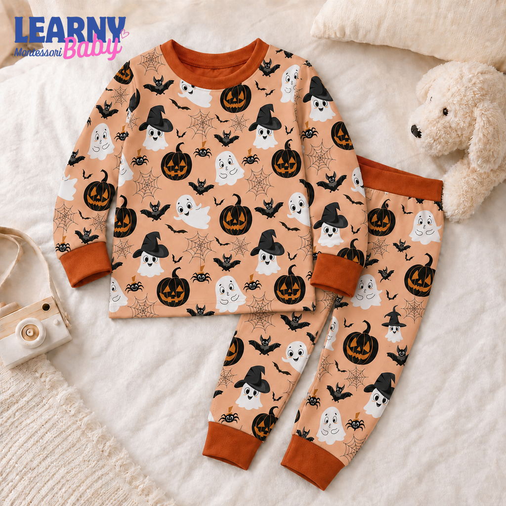 Cute Ghost & Pumpkin Halloween Long-Sleeve Bamboo Pajama Set for Kids