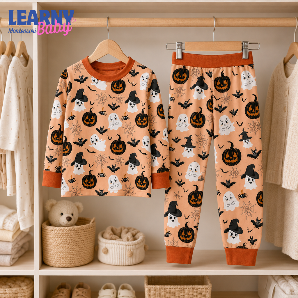 Cute Ghost & Pumpkin Halloween Long-Sleeve Bamboo Pajama Set for Kids