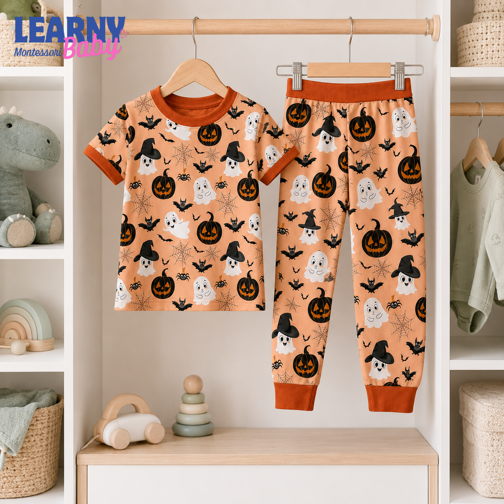 Cute Ghost & Pumpkin Halloween Long-Sleeve Bamboo Pajama Set for Kids