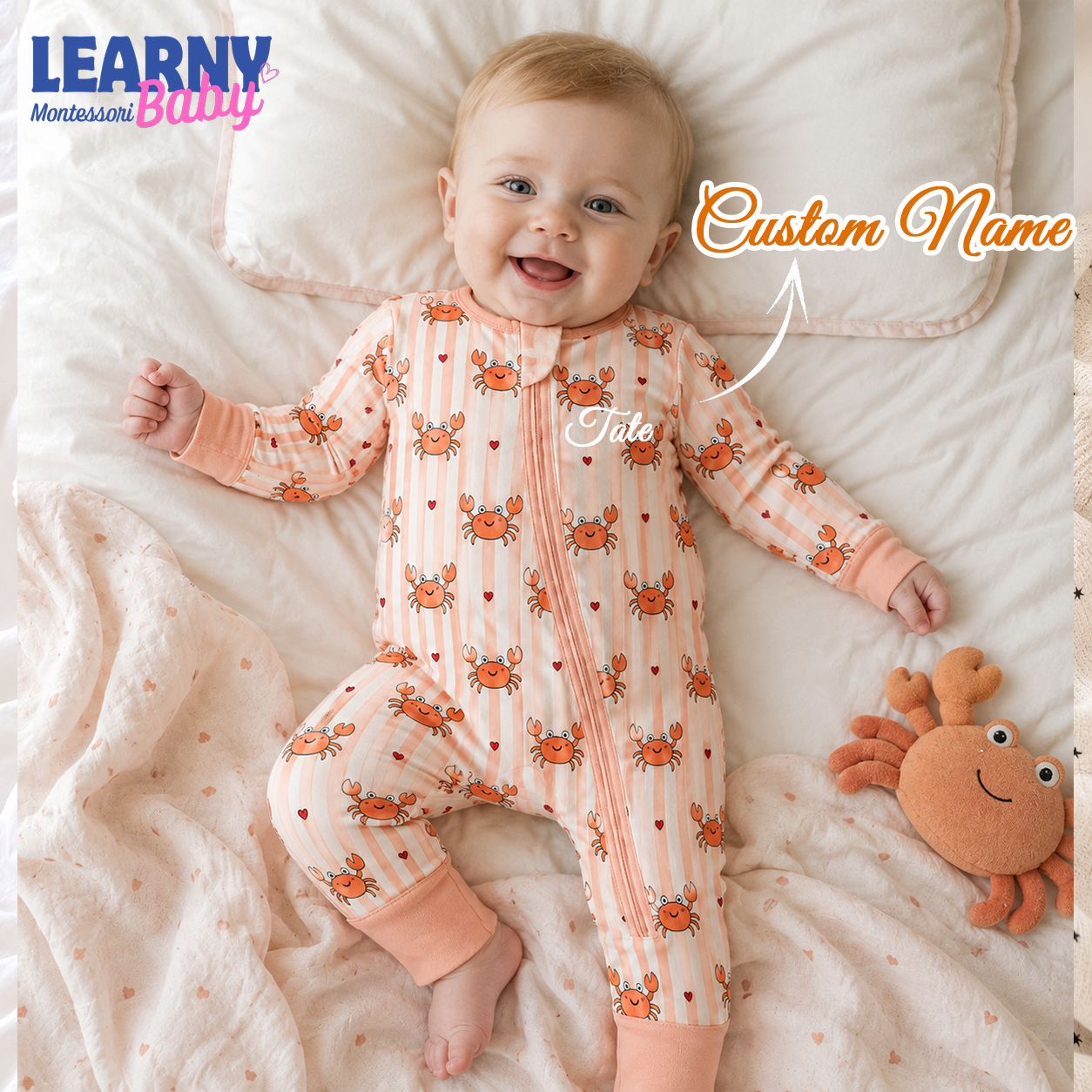 Cute Crab Bamboo Baby Convertible Zippy, Ocean Bamboo Baby Pajamas, Coastal Newborn Bamboo Sleeper