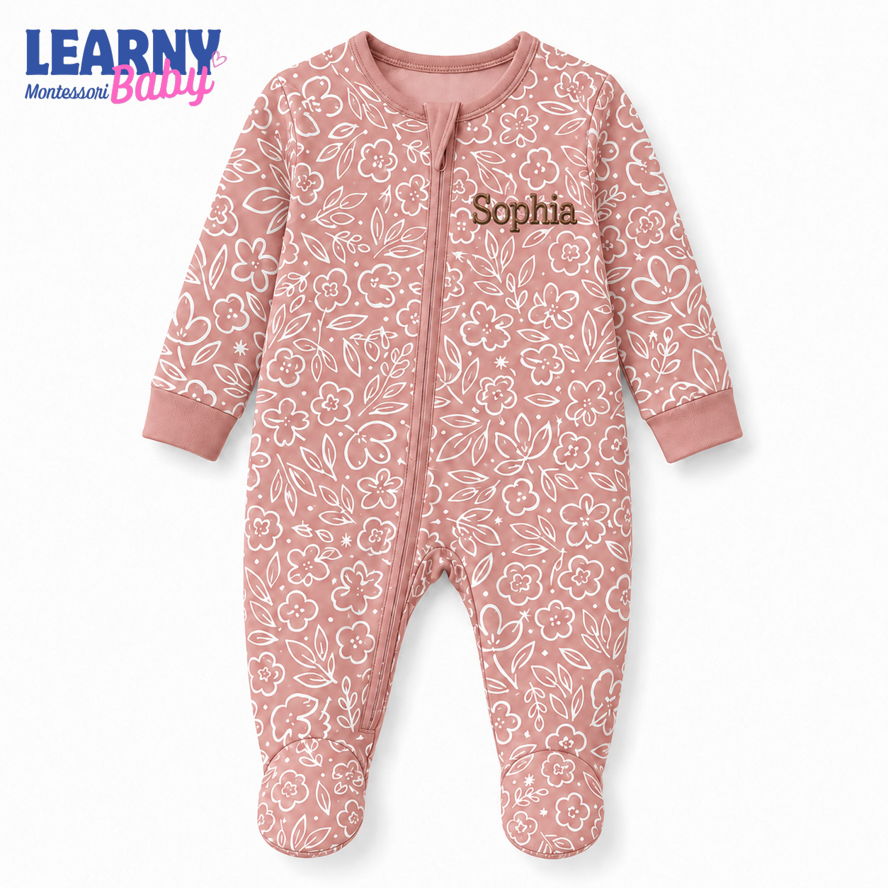 Personalized Floral Bamboo Footie Zippy for Baby, Baby Girl Bamboo Pajamas, Custom Name Baby Sleeper